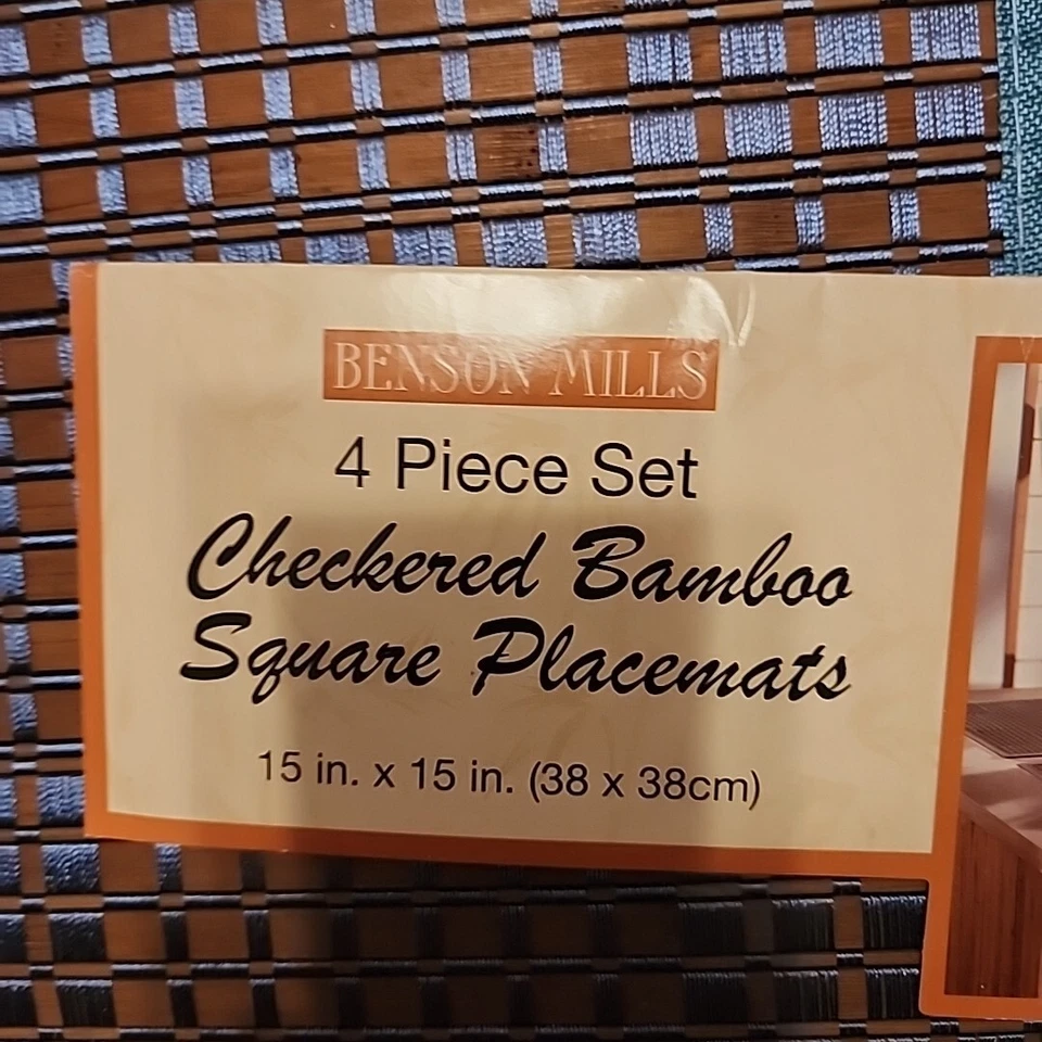 Benson Mills Checkered  Bamboo Placemat Square  15" x 15" - Set of 4 Blue/Brown - Image 4 of 4