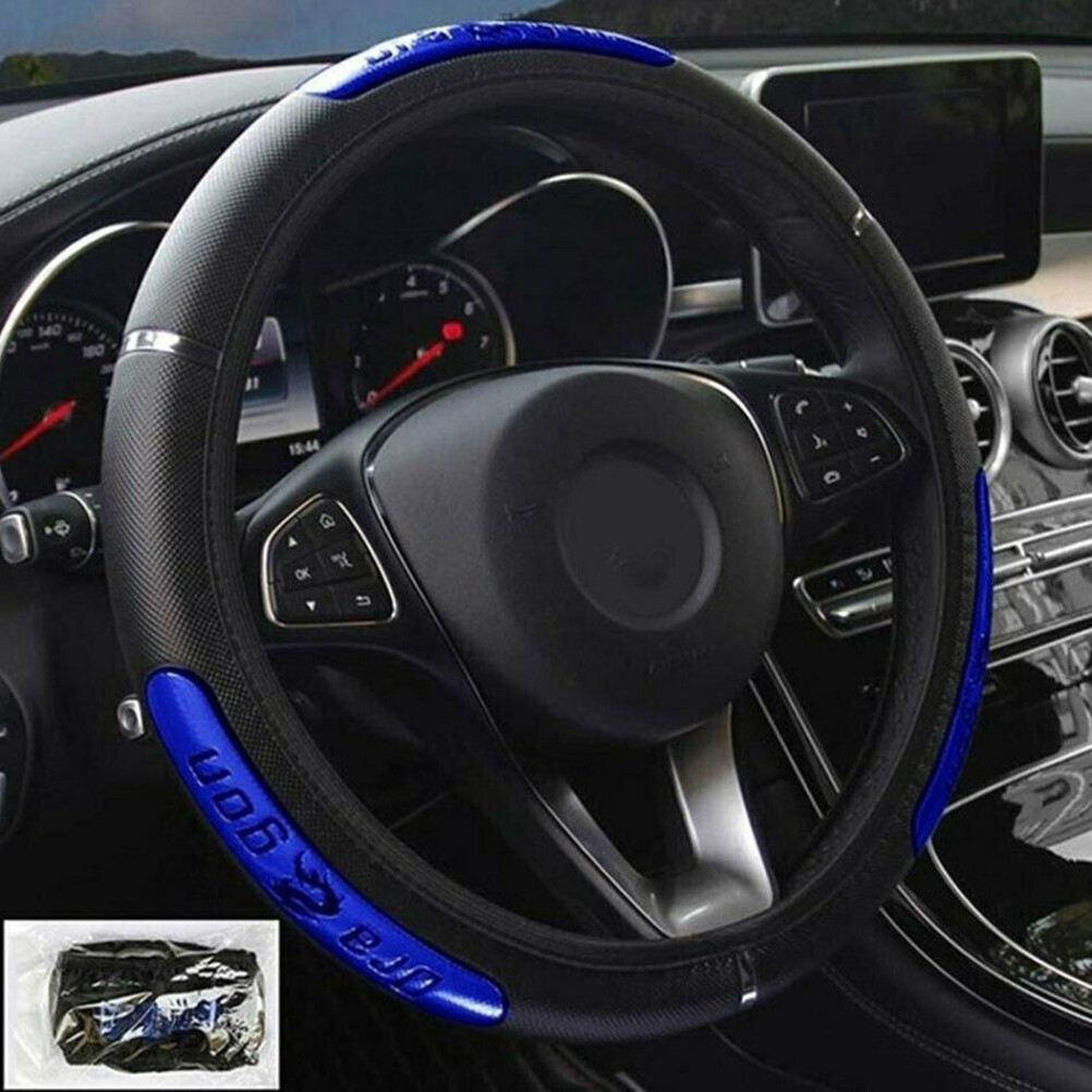 Black & Blue PU Leather Car Steering Wheel Cover Anti-slip Protector Accessories