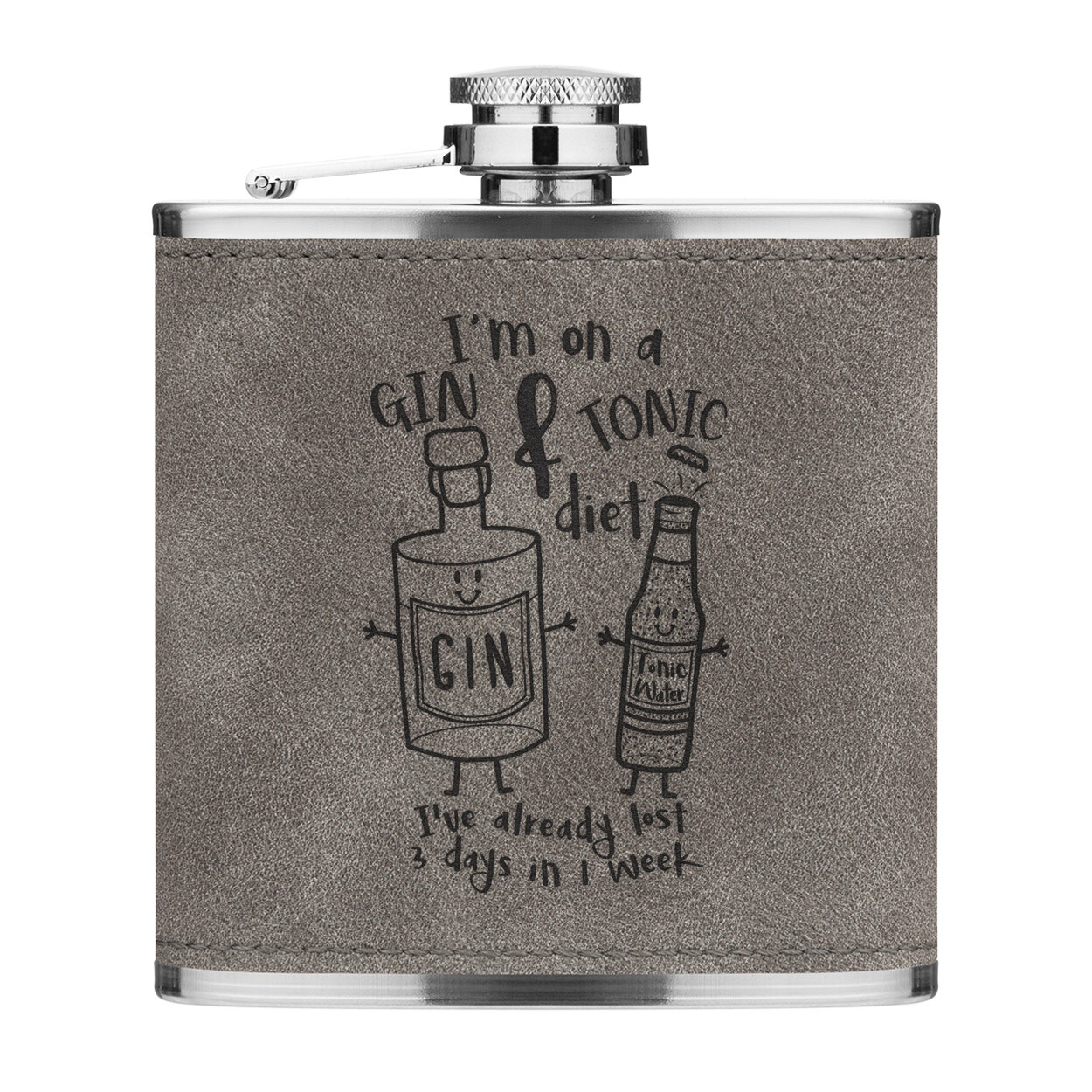 I'm On A Gin And Tonic Diet 6oz PU Leather Hip Flask Grey Funny Joke