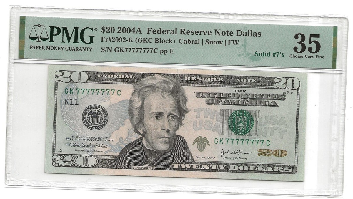 Solid 7's $20 Federal Reserve Note Serial Number 77777777 PMG 35