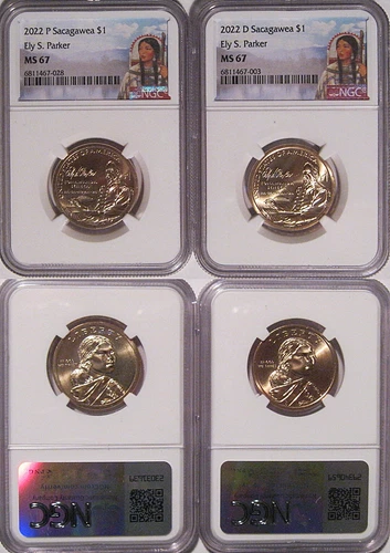 2022 P & D Ely S. Parker Native Sacagawea $1 Dollar 2 Coin Set NGC MS 67