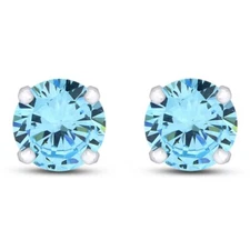 Solitaire Stud Mens Earrings Round Simulated Aquamarine 10K Solid White Gold