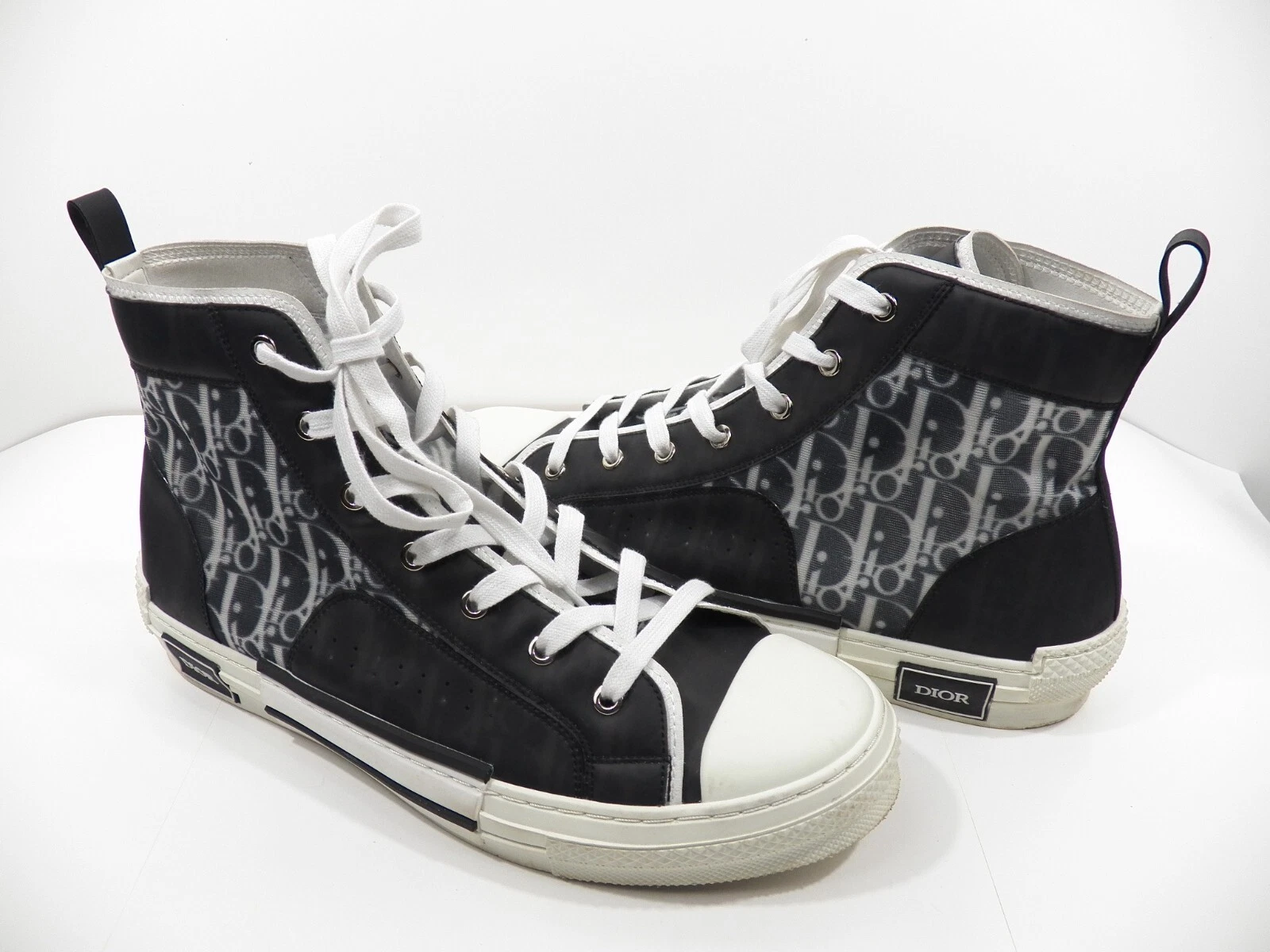 CHAUSSURES BASKETS HOMME DIOR 14 47 B23 HAUT NOIR BLANC TOILE OBLIQUE FABRIQUÉES EN ITALIE