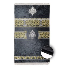 Luxury Foam Islamic Prayer Rug | Velvet Meccan Digital Print - Black & Gold