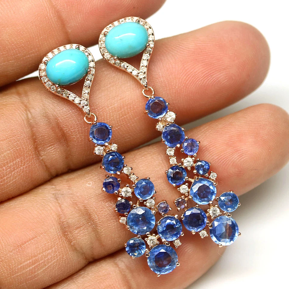 Pendientes de piedras preciosas azul larimar, cianita y circón plata 925 oro rosa Foto 2 de 4