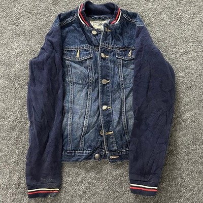 The Children's Place Jacket Boys L 10/12 Blue Denim Knit Sleeve Varsity Trim