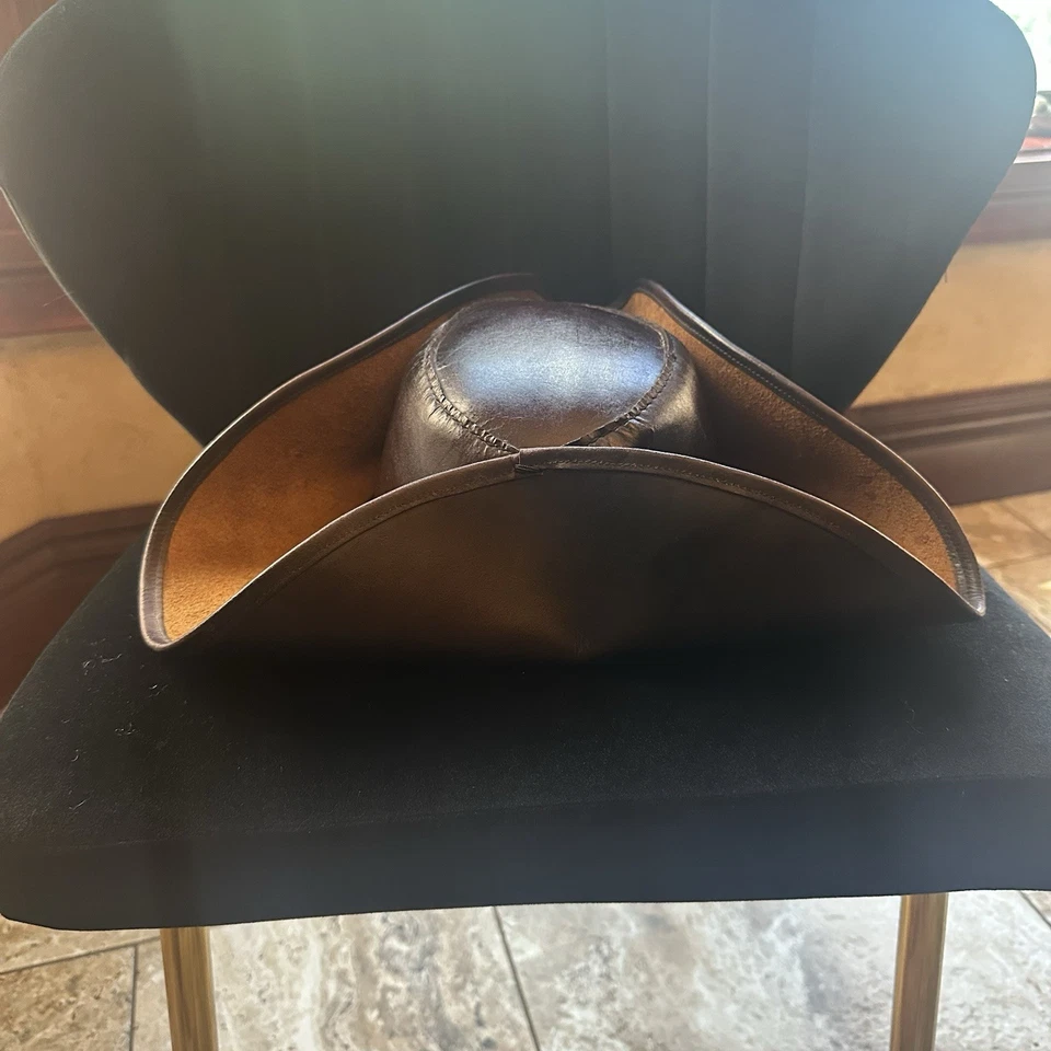 Adult Brown Leather Colonial Pirate Tricorne Hat - Image 4 of 4