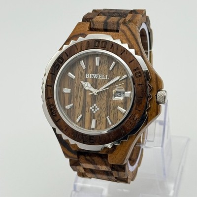 Men's BEWELL All Natural Zebra Wood Quartz Watch, 47mm, Wooden Bracelet, Date