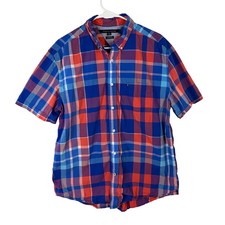 Tommy Hilfiger Mens XL Classic Fit Plaid Short Sleeve Button Down Shirt Blue Red