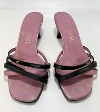 Chanel Mules Pink  Black Kitten Heel Gold CC Logo Strappy Y2K Size EU 36 6