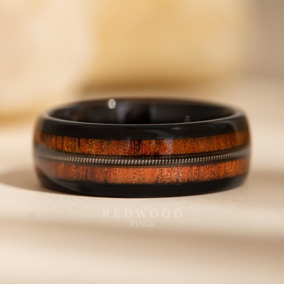 Black Tungsten Ring, Guitar String and Koa Wood Inlay - 8MM