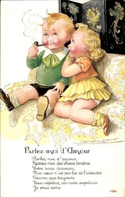Artist Postcard Mauzan, Parlez moi d'Amour, Boy Smokes Pipe, Girl - 4601429