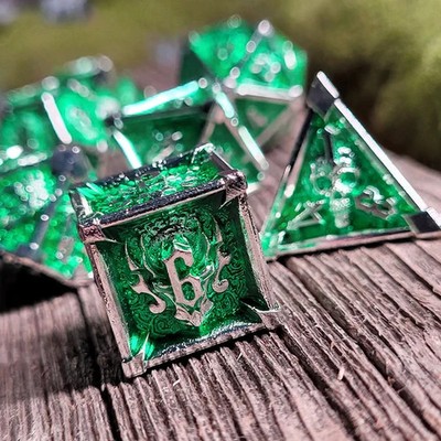   Ossuary Obscura Silver Green | Metal DnD Dice Set | Dungeons &Dragons RPG