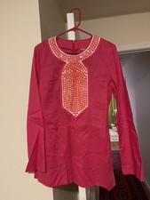TORY BURCH Women’s Sz 10 Long Sleeve 100% Cotton Tunic White Embroided Pink