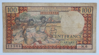 1966 Central Bank of Madagascar 100 Francs Banknote Serial No. N6 11984 P 57a