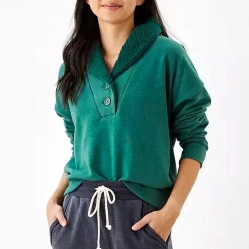 American Eagle Sherpa Henley Sweatshirt XL Green Oversized Fleece Cabincore