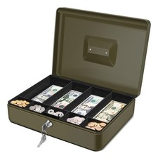 Flexzion Cash Box w/ Money Tray & Lock - Metal, 9-Compartment for Small Business