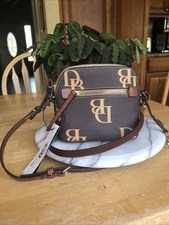 NWT  Dooney Mini Monogram Coated Canvas Charcoal Gray Tan Crossbody Strap Charms