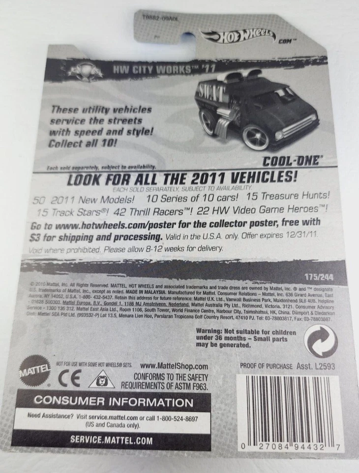 2011 Hot Wheels город работает 5/10 * COOL-ONE * коллекционер #175/244 литой нераспечатанный - Изображение 4 из 4