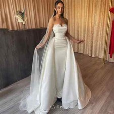 White Satin Wedding Dresses Mermaid Detachable Train Strapless ElegantSleeveless