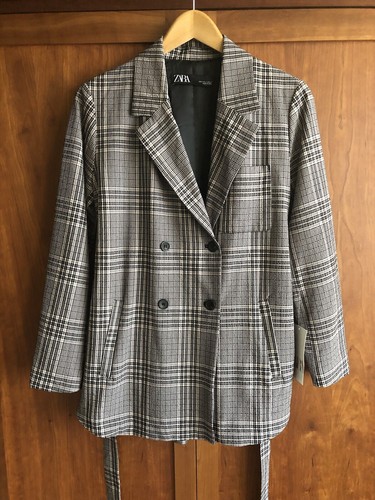 BNWT Zara Double-Breasted Checked Jacket Size S Grey/Beige Trench Belted Pockets - Picture 8 of 24