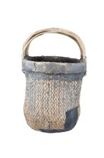 Antique Chinese Hand Woven Willow Rice Gathering Basket Bentwood Handle Bucket