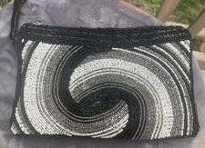 Beaded Clutch Black White Swirl Lined India Zip Evening Purse Wristlet Read