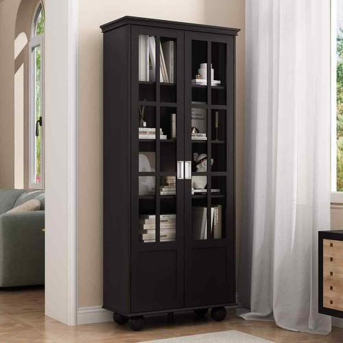 31.5 in. W Black Wooden 2-Door Accent Cabinet with 5 Shelves, Tempered Glass