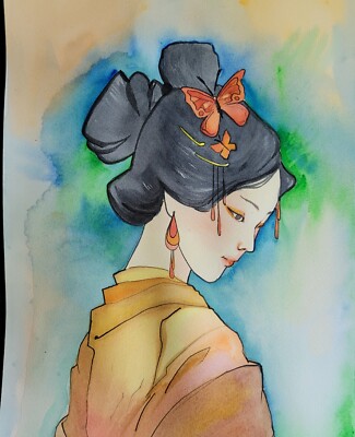 Lady Butterfly. Asia. China. Japan. Sumi-e. Geisha. Aquarell&Ink 31x23 Original
