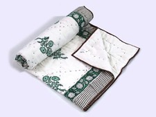 Indian Cotton Green Hand Block Stitching Blankets Reversible Floral Baby Quilted