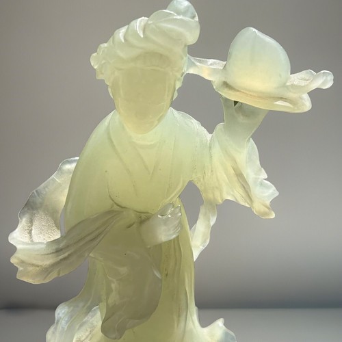 Guan Yin Jade Statue 7" Bodhisattva Goddess Mercy Carved Wood Base Antique