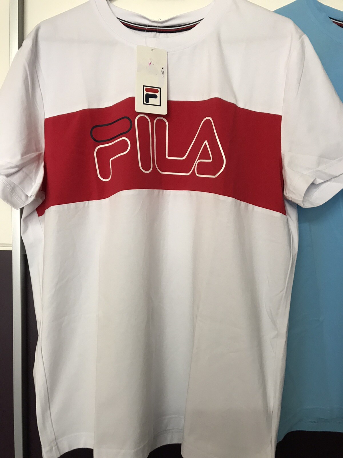 2x FILA Original T Shirt Uomo Rudi & Reggie Peacoat Bianco Rosso Blu Nuovo