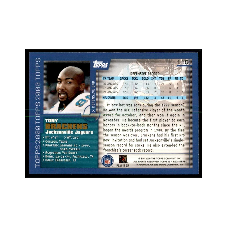 Tony Brackens 2000 Topps #115 Football Cards Football Card NM - Image 2 of 3