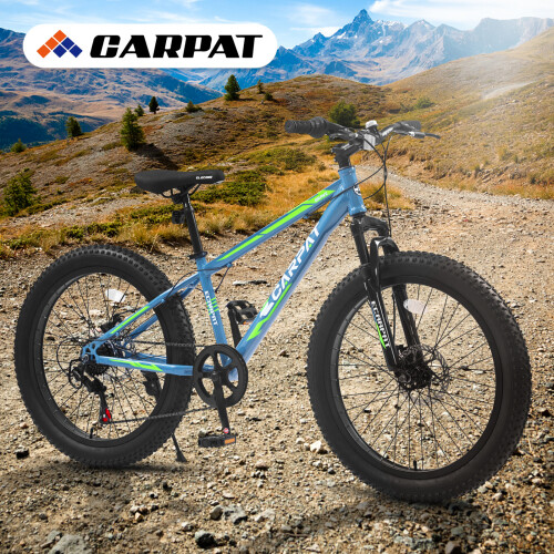 Elecony 24'' Fat Tire Bike Adult/Youth Full Shimano 7 Speeds Mountain Bike Blue