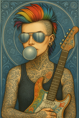 Jugendstil Punk Girl mit Gitarre und Regenbogen Mohawk Poster Druck A1-A4 Poster A