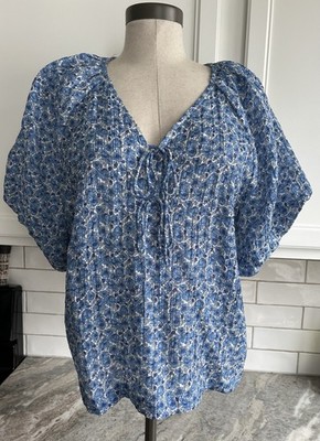 NWT Loft Women's Large Blue Floral Lined Short Sleeve Boxy Fit Soft Blouse