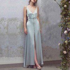 French Satin Dress V-neck Suspender Long Dress Single Breasted A-Line Chic Dress