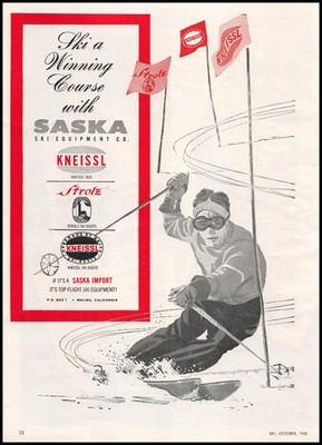 1955 Saska Ski Equipment Co. Malibu California Kneissl Strolz Boots Art Print Ad