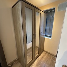 Charles 3 Door All Hanging Mirrored Wardrobe Oak Effect Veneer with Walnut Trim