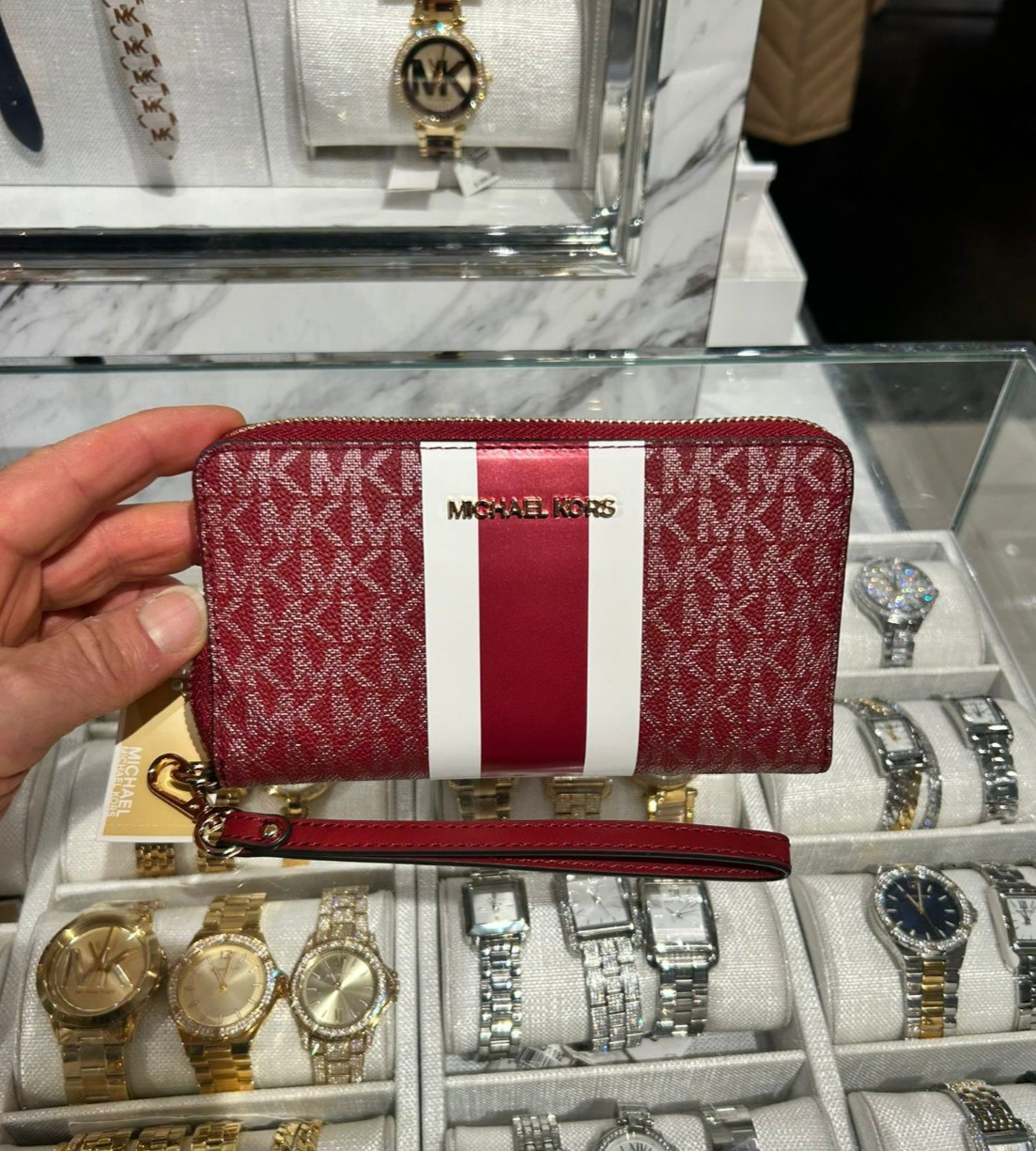 Michael Kors Jet Set Large Metallic MK Logo Stripe Smartphone Flat Wallet Cherry