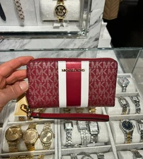 Michael Kors Jet Set Large Metallic MK Logo Stripe Smartphone Flat Wallet Cherry