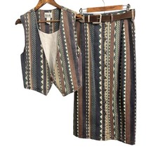 Vintage Denim Vest Skirt Set Western Aztec Geometric Women s 12 Medium USA BOHO