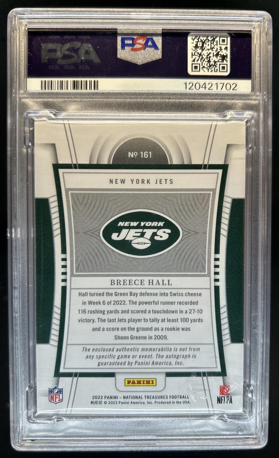 2022 National Treasures Breece Hall Rookie Patch Auto Stars Stripes #/25 PSA 9 view 2