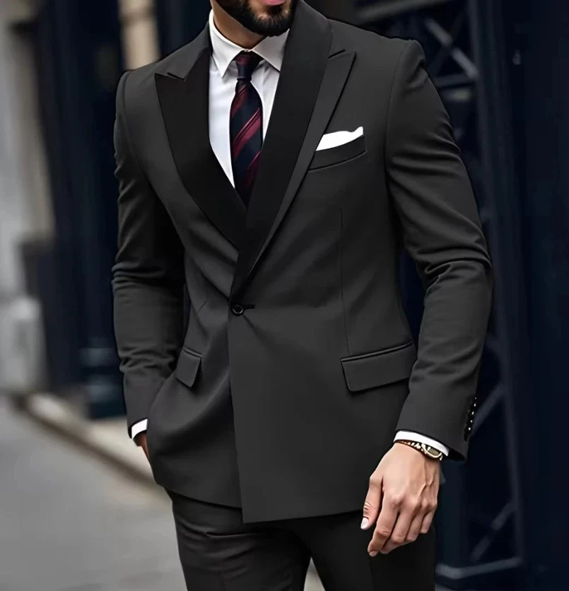 Ternos masculinos elegantes cinza slim fit peito único frente plana 2 peças jaqueta calça - Imagem 2 de 4