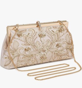 Beige & Gold Floral Beaded Sequin Satin Clutch Bag w/ Chain Strap