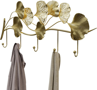 Gold Autumn Leaves Wall Hooks - 5 Heavy Duty Adhesive Coat Racks