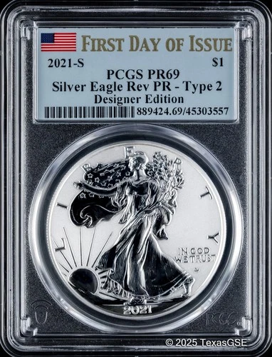 2021 $1 American Silver Eagle Reverse Proof Type 2 PCGS PR69 FD - Blue Flag