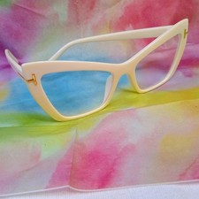 Women Vintage Look Cat Eye Glasses Frames Gold "T" On Temple Oversized Ivory