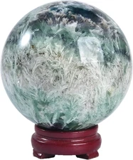 Large Crystal Ball Feather Fluorite Healing Crystals Sphere with Wooden Stand Me