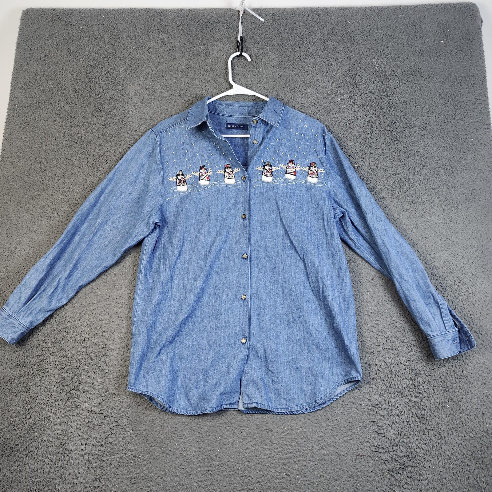 Karen Scott Shirt Womens Medium Blue Denim Snowman Embroidered Christmas Top